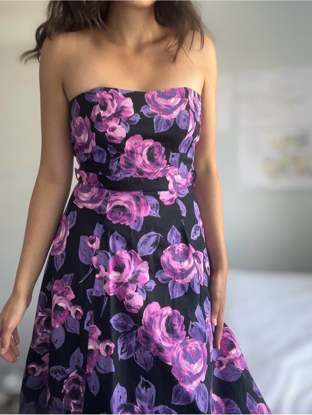 F&F Strapless Black Dress with Pink & Purple Floral Print